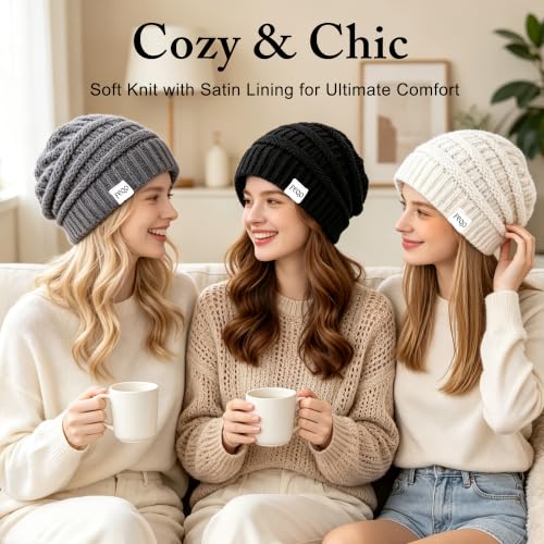 FEQO 4 Pack Satin Lined Beanies Slouchy Beanie Oversized Cable Knit Caps - color: Black, White, Dark Gray, Khaki