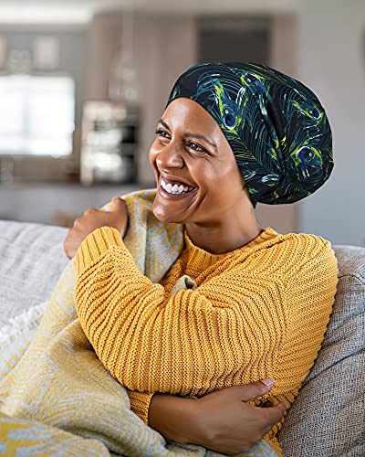 Adjustable Satin Lined Sleep Cap for Dreadlocks Curly Hair Large Head-Stay On Overnight - color: Black Green