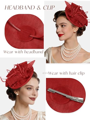 Women Fascinators Hats Tea Party Headband Hair Clip Feathers Hat for Wedding Cocktail Party - color: Red