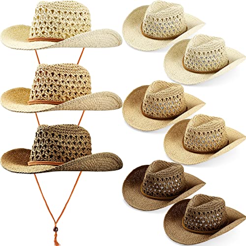 Newcotte 9 Pack Straw Cowboy Hats for Women Men - color: Khaki, Beige, Coffee