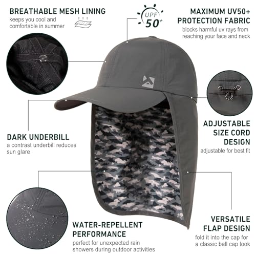 TOP-EX L/XL/XXL UV50+ Waterproof Neck Flap Baseball Sun Cap - color: Dark Grey Camo Fish, size: X-Large