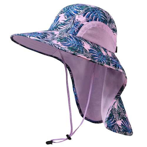 BASSDASH UPF 50+ Unisex Water Resistant Wide Brim Sun Hat with Large Neck Flap Ponytail Fishing Hat for Men Women - color: Palm Leaves/Light Purple