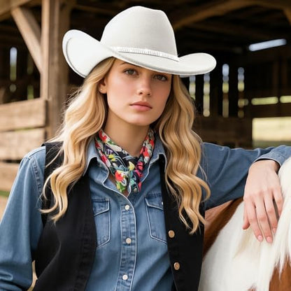 Western Cowboy Hats for Women Classic Felt Wide Brim Fedora Hat with Belt Buckle Retro Panama Hat Unisex Rolled up Cap - color: 1 Pack : White With 3 Rhinestones Bands