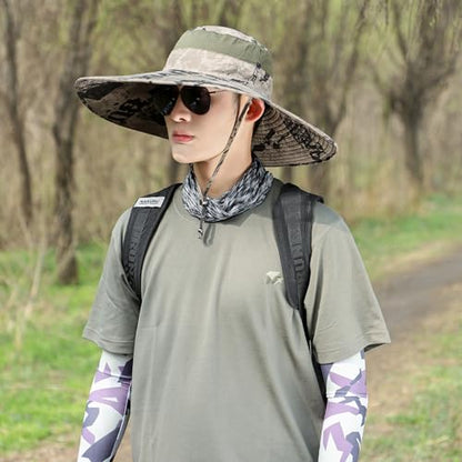 Wide Brim Sun Hat for Men Women UV Protection Bucket Fishing Hats - color: Khaki Ink Wash