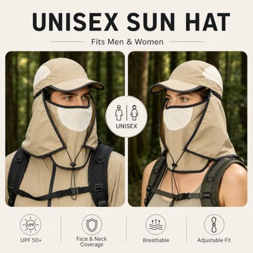 HUAMULAN Women Wide Brim Sun Hat Ponytail UV Protection Visor Fishing Cap - color: Khaki With Foldable Visor