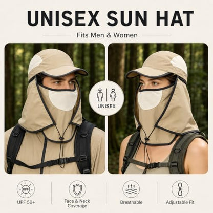HUAMULAN Women Wide Brim Sun Hat Ponytail UV Protection Visor Fishing Cap - color: Khaki With Foldable Visor