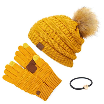 C.C Hatsandscarf Exclusives Unisex Solid Ribbed Beanie with Pom (HAT-43) - color: A Gift Set-mustard
