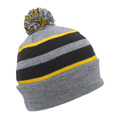 Pacific Headwear Unisex Adult Pacific Headwear Knit Fold Over Pom-pom Beanie - color: Heather/Black/Gold, size: One Size