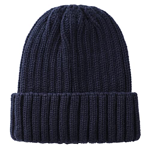 Connectyle Women's Rib Knit Cuffed Beanie Hat Stretch Acrylic Winter Hat Thick Warm Snow Ski Cap - color: Navy Blue