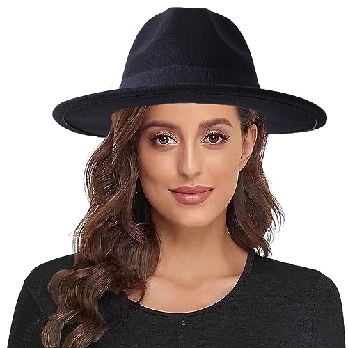 Lanzom Classic Fedora Hats for Women Lady Wide Brim Felt Panama Hat with Belt Buckle - color: Black
