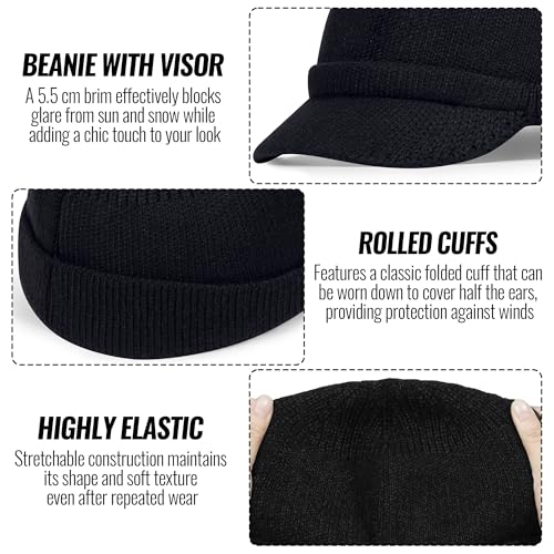 CLAPE Winter Knit Beanie with Brim, Unisex Cozy Head Beanie Hat with Visor, Warm Stretchy Winter Hat - color: Kh25w11-black