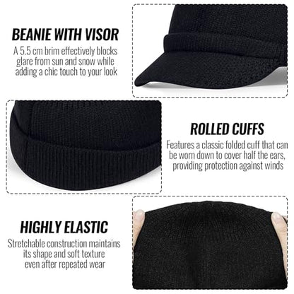 CLAPE Winter Knit Beanie with Brim, Unisex Cozy Head Beanie Hat with Visor, Warm Stretchy Winter Hat - color: Kh25w11-black