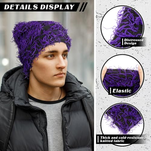 Chuarry Distressed Knitted Beanie Fuzzy Winter Hat - color: Assorted Purple Black
