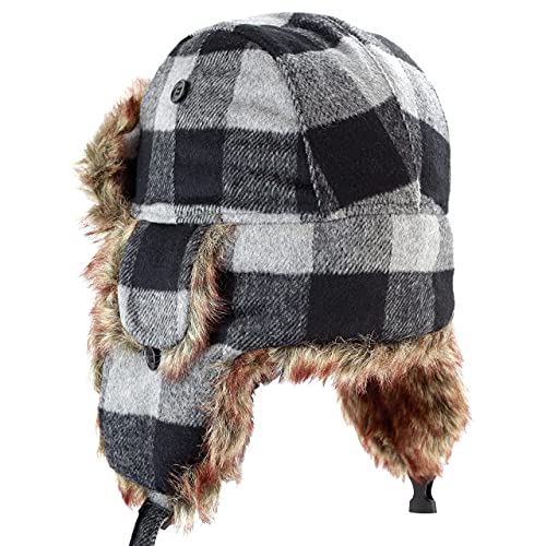 Faux Fur Safety Reflective Plain Plaid Aviator Trapper Hat Snow Ski Trooper Winter Cap - color: 3. Plaid - Gray, size: Small-Medium