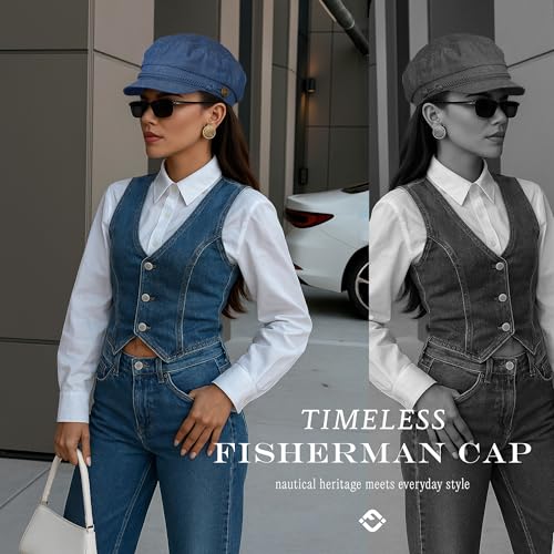 Funky Junque Greek Fisherman Newsboy Cap, Cotton Captains Bakerboy Hat - color: Denim