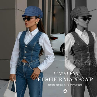 Funky Junque Greek Fisherman Newsboy Cap, Cotton Captains Bakerboy Hat - color: Denim
