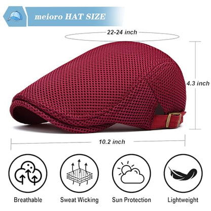 meioro Mens Breathable Mesh Summer Hat Adjustable Flat Cap Newsboy Beret Ivy Cap Irish Cabbie Fishing Hats - color: Burgundy