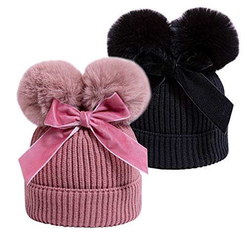 YATEEN Infant Toddler Baby Knitting Woolen Hat Winter Warm Double Pompom Beanie Cap with Bow - color: 2 Pack Black / Pink