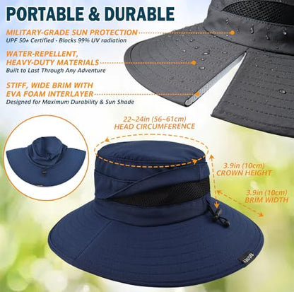 Men's UPF 50+ Waterproof Wide Brim Boonie Hat, Sun & Rain Protection - color: Navy Blue