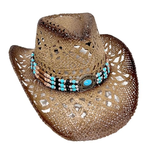 Carnavalife Straw Cowboy Hat for Women and Men, Western Cowgirl Hat with Turquoise Beaded Band for Rodeos and Festivals - color: Shaded Brown, size: 7 1/4