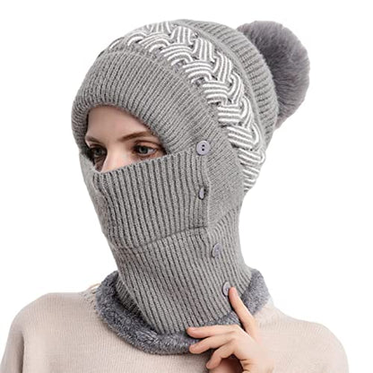 HUAMULAN Women Winter Knit Balaclava Fleece Lined Hooded Beanie Hats - color: Grey, size: One Size