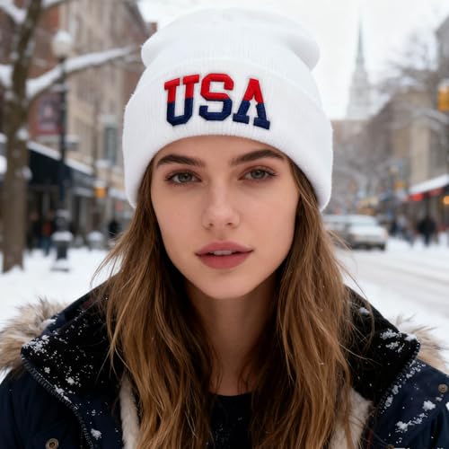 American Flag Beanie, USA Embroidered Winter Hat for Women Men - color: Usa-white