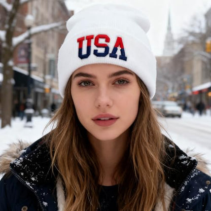 American Flag Beanie, USA Embroidered Winter Hat for Women Men - color: Usa-white
