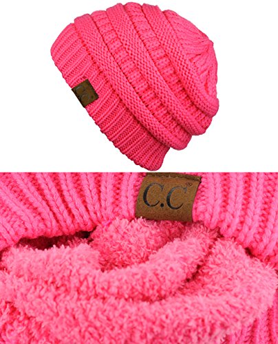 C.C Unisex Chunky Soft Stretch Cable Knit Warm Fuzzy Lined Skully Beanie - color: Candy Pink
