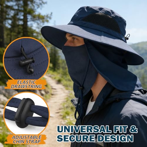 Wide Brim Sun Bucket Hat, Waterproof Boonie Hat for Men & Women - color: 07 Navy Blue (Full Coverage)