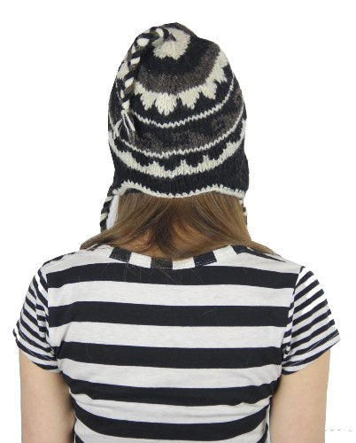Nepal Hand Knit Ear Flaps Beanie Skull Ski 100% Wool Fleeced Hat/Cap - color: Natural