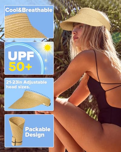 EW EastWater Beach Sun Visor Hats for Women, Wide Brim UPF50+ Sun Protection Straw Hat Packable Foldable for Summer - color: Beige, size: One Size