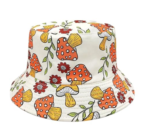 Printed Bucket Hat - Reversible Packable Summer Travel Beach Sun Cap for Men Women Teens - color: Beige Mushroom