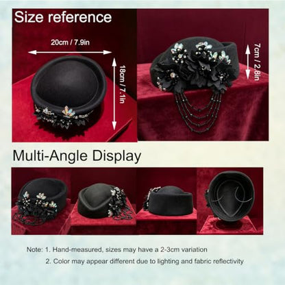 Women's Retro British Felt Headscarf Hat Church Derby Headdress with Floral Women's Soft Beret - color: 02 Black
