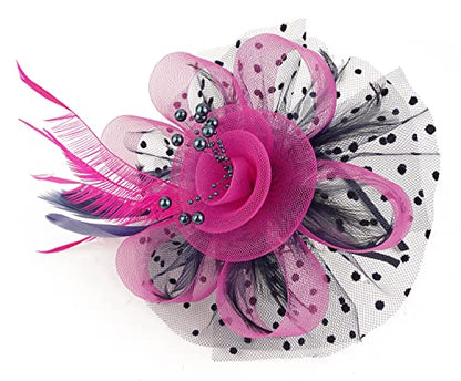 Kentucky Derby Fascinators for Women High Tea Party Hat Wedding Cocktail Flower Headware with Mesh and Feathers - color: Rose&navy