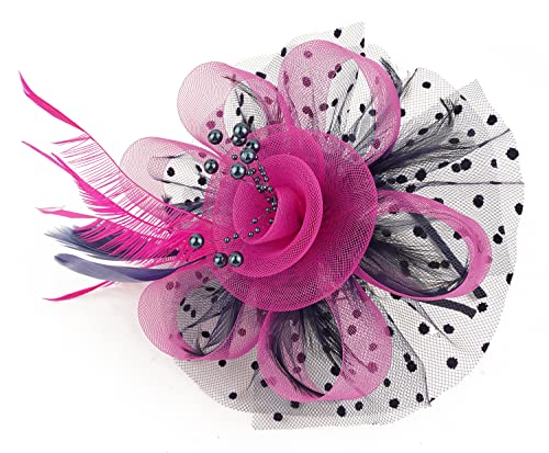 Kentucky Derby Fascinators for Women High Tea Party Hat Wedding Cocktail Flower Headware with Mesh and Feathers - color: Rose&navy