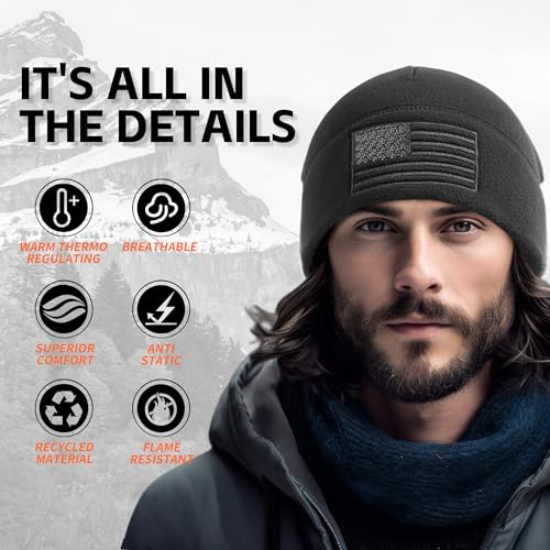 OUTDOOR SHAPING American Flag Fleece Beanie with Embroidered Patch Hat - color: Black