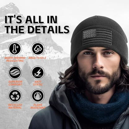 OUTDOOR SHAPING American Flag Fleece Beanie with Embroidered Patch Hat - color: Black