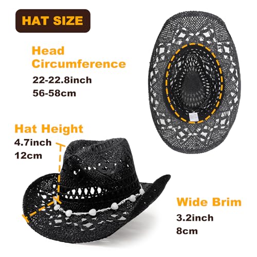 AQOKKA Straw Cowboy Hats for Women Men Western Cowgirl Hats with Shapeable Brim Woven Hollow Out Unisex Beach Roll Up Caps - color: Cowboy Hat : Dark Black B