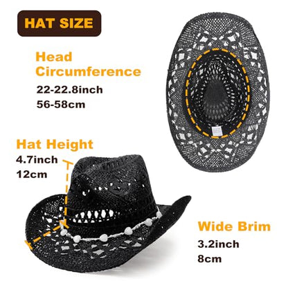 AQOKKA Straw Cowboy Hats for Women Men Western Cowgirl Hats with Shapeable Brim Woven Hollow Out Unisex Beach Roll Up Caps - color: Cowboy Hat : Dark Black B