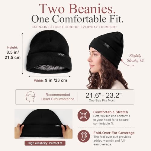 2 Pack Satin Lined Beanies for Men and Women Warm Cuffed Winter Hats - color: Black+black
