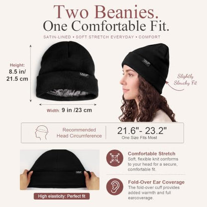 2 Pack Satin Lined Beanies for Men and Women Warm Cuffed Winter Hats - color: Black+black