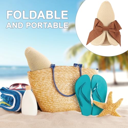 DRESHOW Sun Hats for Women Travel Fedora Foldable Beach Sun Hat Summer Wide Brim Straw Bucket Hat with Bowknot UPF 50+ - color: 1 Pack Bowknot Straw Hat: Beige With Brown Band