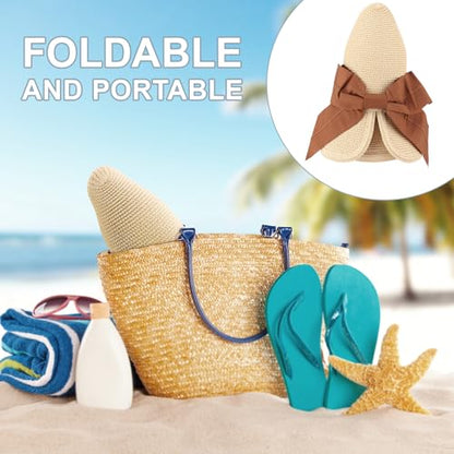 DRESHOW Sun Hats for Women Travel Fedora Foldable Beach Sun Hat Summer Wide Brim Straw Bucket Hat with Bowknot UPF 50+ - color: 1 Pack Bowknot Straw Hat: Beige With Brown Band