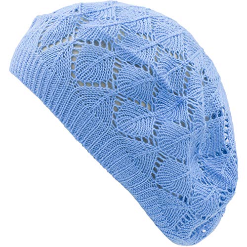 an Womens Lightweight Cut Out Knit Beanie Beret Cap Crochet Hat - Many Styles - color: Aqua Blue Diamond Stripe