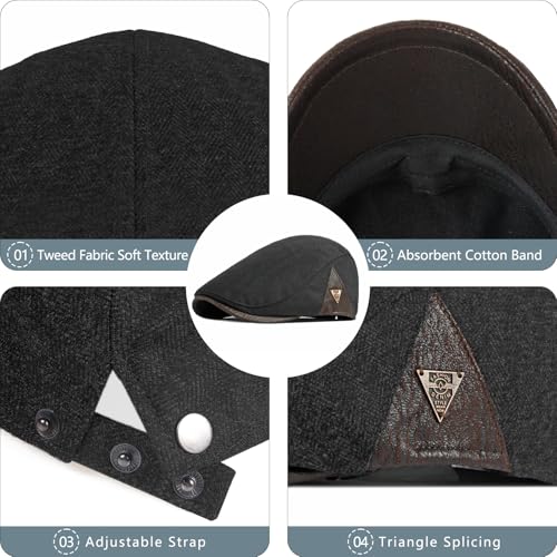 meioro Men's Cotton Newsboy Hat Adjustable Tweed Flat Cap for Men - color: Black