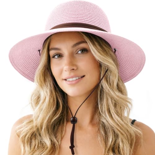 DRESHOW Womens Summer Straw Sun Hat Wide Brim Bucket Hats Fedora Hat Panama Beach Hat with Chin Strap UPF 50+ - color: Straw Hat With Wind Lanyard: Blush Pink