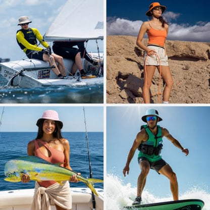 Surblue Surf Bucket Hat with Widened Chin Straps UPF 50+ Windproof Sun Hat Adjustable Packable Cap for Water Sports Surfing - color: Lightgray