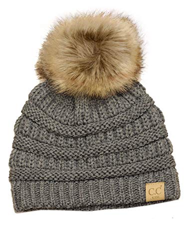 C.C Children's Kids' Soft Stretch Cable Knit Faux Fur Pom Beanie Hat - color: Light Melange Gray