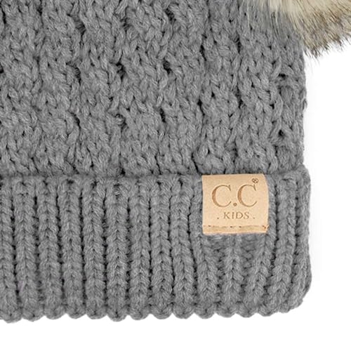 C.C Kids' Cable Knit Double Pom Beanie for Kids - Comfortable Soft Warm Children Skully Hat with Pom - color: Natural Faux Fur Pom Light Melange Gray