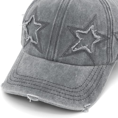 Retro Washed Distressed Baseball Cap with Five Pointed Stars for Women Men - color: Grey